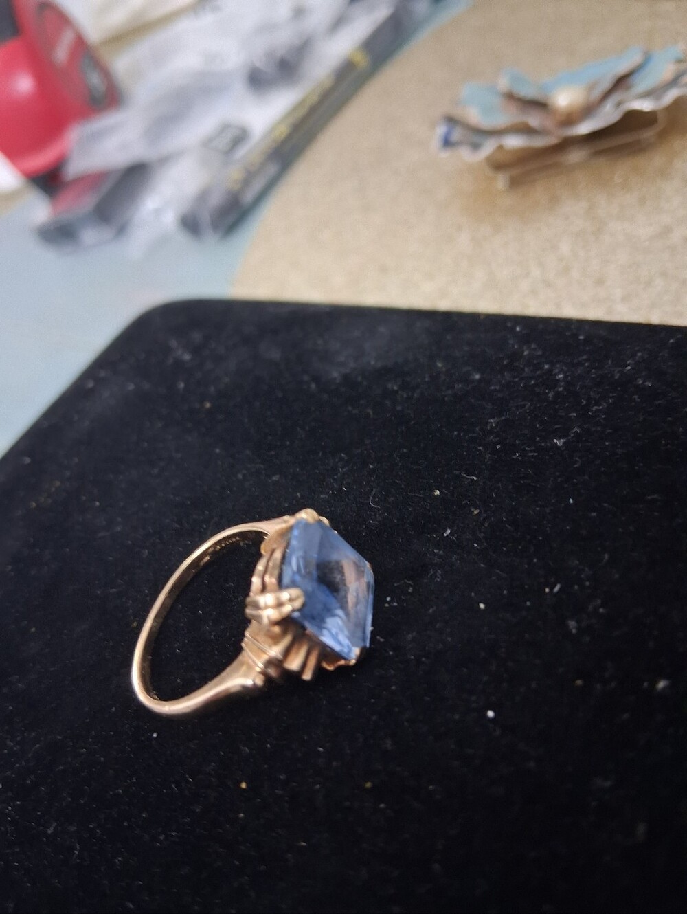 Gold Ring with Light Blue TOPAZ Rectangular Stone - Women's Jewelry